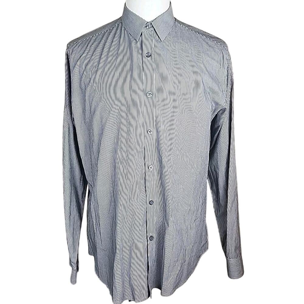 Theory Men’s L Gray Striped Shirt Stretch Classic Dress Button-Up Pinstripe